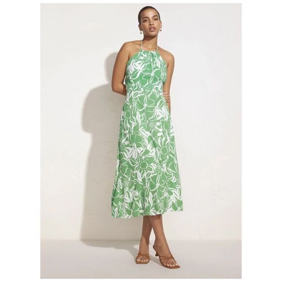 Faithfull The Brand Green Taormina Floral Crepe Halter Neck Midi Dress Size 12 - Picture 1 of 14